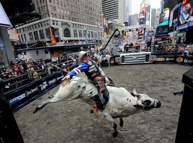 Zawody profesjonalnych ujeżdżaczy byków w Nowym Jorku. Ryan McConnel próbuje utrzymać się na swoim byku