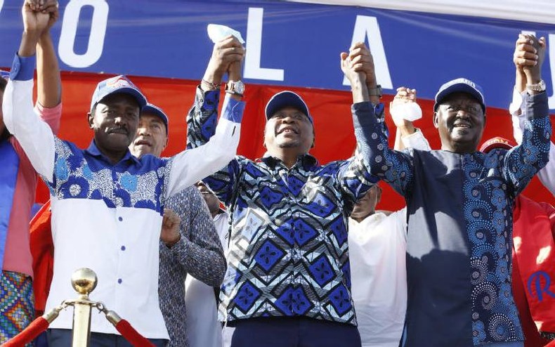 File image of Wiper's Kalonzo Musyoka, retired President Uhuru Kenyatta, and ODM leader Raila Odinga