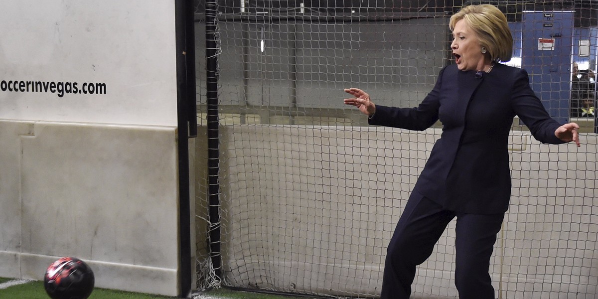 Democratic presidential candidate Hillary Clinton defending a goal during a campaign stop at an indoor soccer center in Las Vegas.