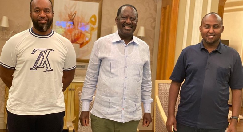 Mombasa Governor Hassan Joho (L) and Suna East MP Junet Mohamed (R) when they visited former Prime Minister Raila Odinga (C) in Dubai