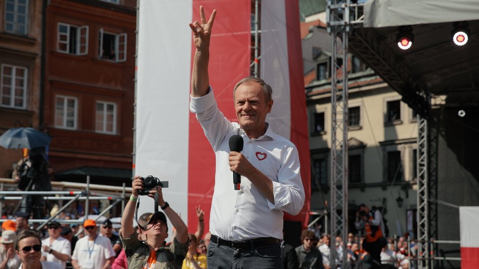 Donald Tusk podczas przemówienia na marszu 4 czerwca na Placu Zamkowym