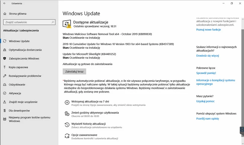 Aby sprawdzić, czy są dostępne aktualizacje systemu dla naszego komputera, klikamy na Start, na ikonę ustawień, a potem na Aktualizacje i zabezpieczenia i Windows Update. Warto wiedzieć, że jedna z aktualizacji Windows w 2019 roku wprowadziła możliwość odroczenia aktualizacji na określony czas, właśnie w ustawieniach Windows Update