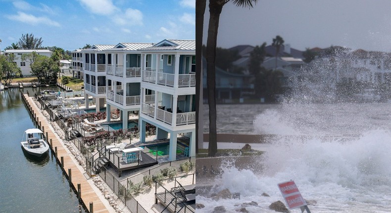 The developer of the Hunters Point development near Tampa, Florida, said it is built to withstand extreme weather caused by the climate crisis. Courtesy of Hunters Point; Joe Raedle/ Getty Images