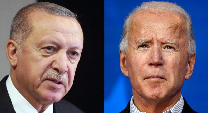A composite image of Turkish President Recep Tayyip Erdoan and US President Joe Biden.