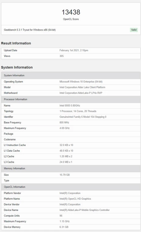 Alder Lake-P w benchmarku Geekbench