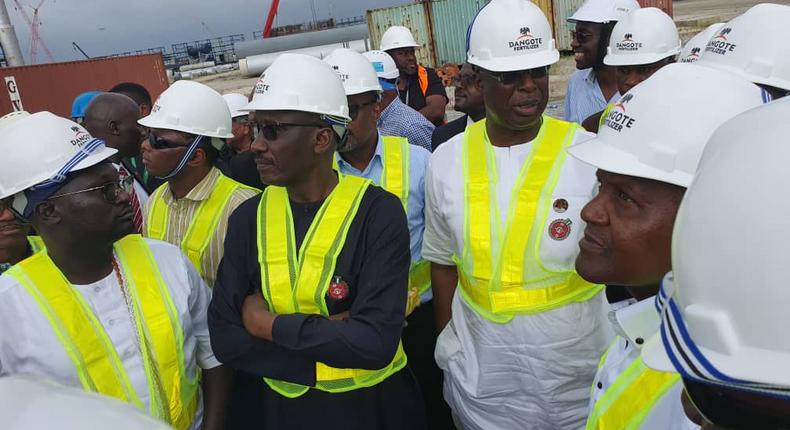 President of the Dangote Group, Mr Aliko Dangote, Minister of State for Petroleum Resources, Chief Timipre Sylva, Group Managing Director of NNPC, Malam Mele Kyari and Mr Samson Makoji, the Acting Spokesman for the Nigerian National Corporation (NNPC) during the inspection tour of the Dangote Refinery. [Twitter/@NNPCgroup]