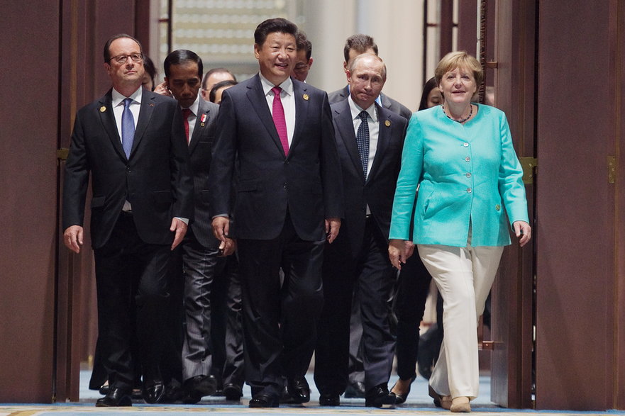Prezydenci Francji Francois Hollande, Chin Xi Jinping, Rosji Władimir Putin oraz kanclerz Niemiec Angela Merkel podczas szczytu G20 w Hangzhou, Chinach, wrzesień 2016 r.