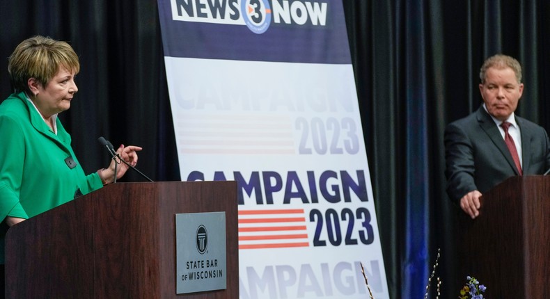 Wisconsin Supreme Court candidates Republican-backed Dan Kelly and Democratic-supported Janet Protasiewicz participate in a debate Tuesday, March 21, 2023, in Madison, Wis.Morry Gash/AP