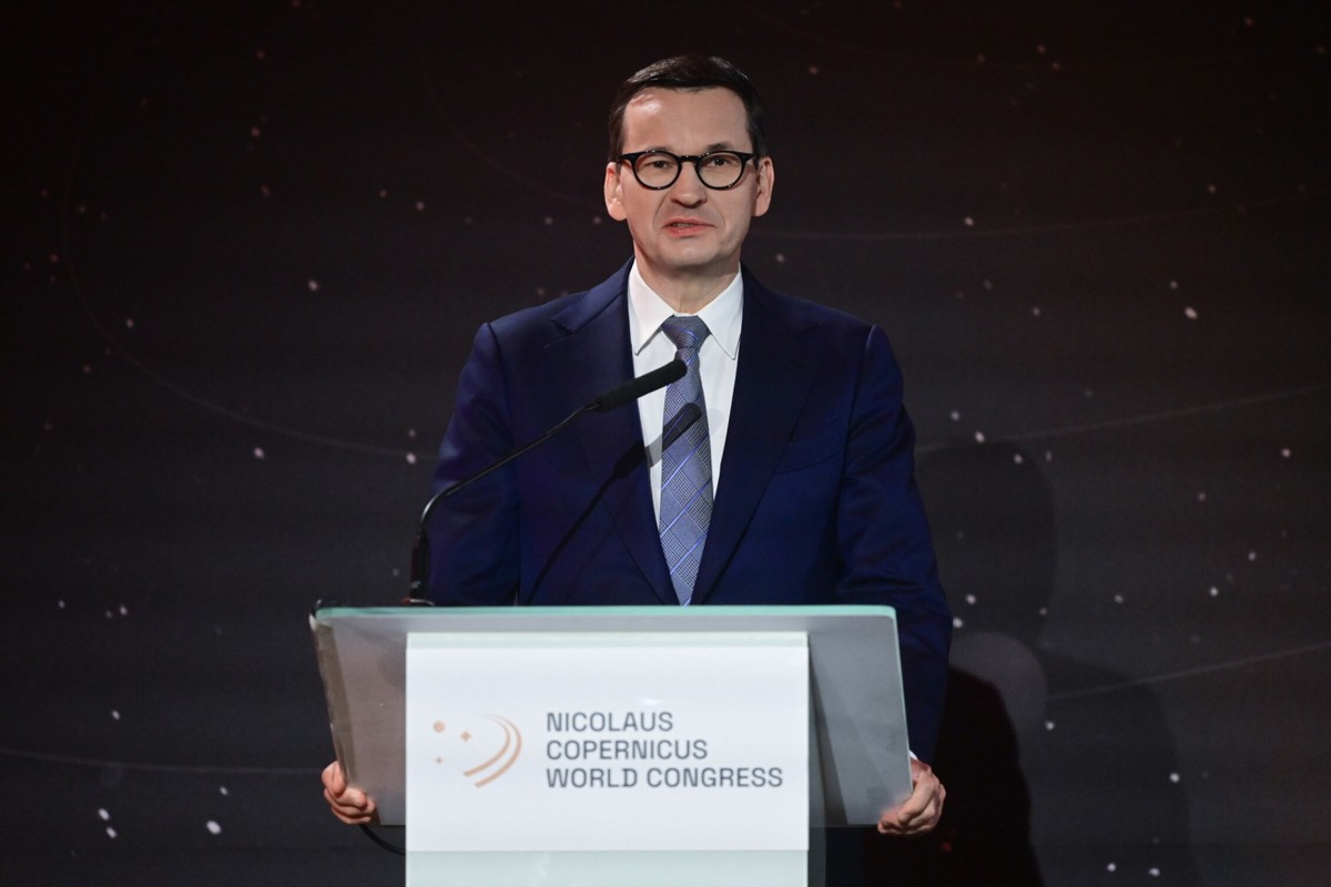 Toruń, 20.02.2023. Premier Mateusz Morawiecki podczas Światowego Kongresu Kopernikańskiego w Toruniu, 20 bm. W dniu 19 lutego przypadała 550. rocznica urodzin astronoma.(mr) PAP/Tytus Żmijewski