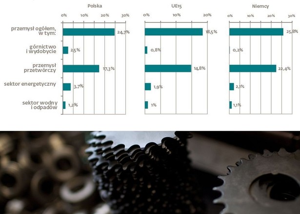 Sektor przemysłu w Polsce odpowiada aż za 25 proc. całej gospodarki. Tak wysoki wynik sytuuje Polskę w lidze Niemiec (gdzie udział przemysłu w gospodarce wynosi 25,8 proc.) oraz znacznie powyżej średniej UE (18,5 proc.). Na slajdzie: rola przemysłu w gospodarce w Polsce, Niemczech i 15 krajach UE. Źrodło: materiały prasowe DNB Bank Polska i Deloitte.