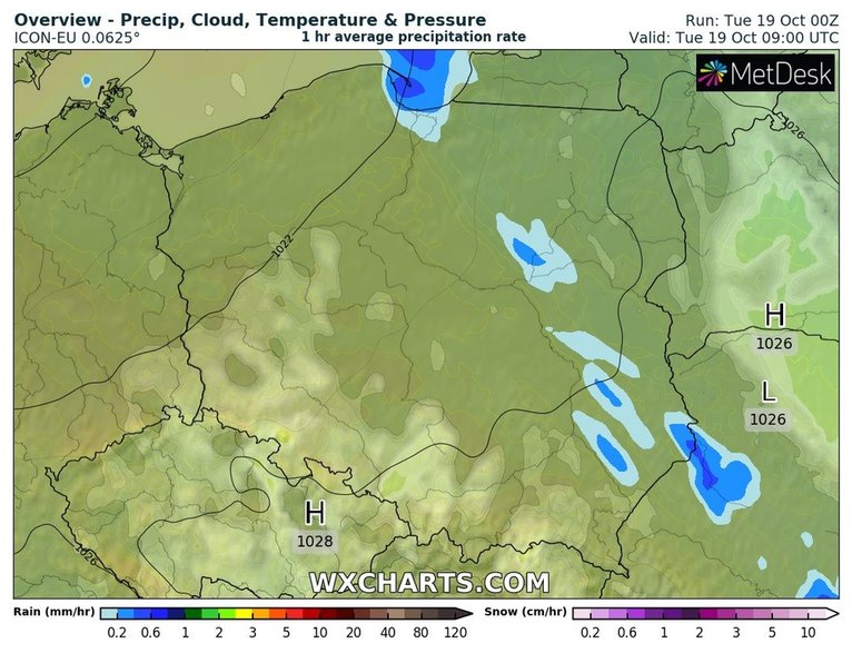 W ciągu dnia słabo popada głównie na wschodzie i północnym wschodzie