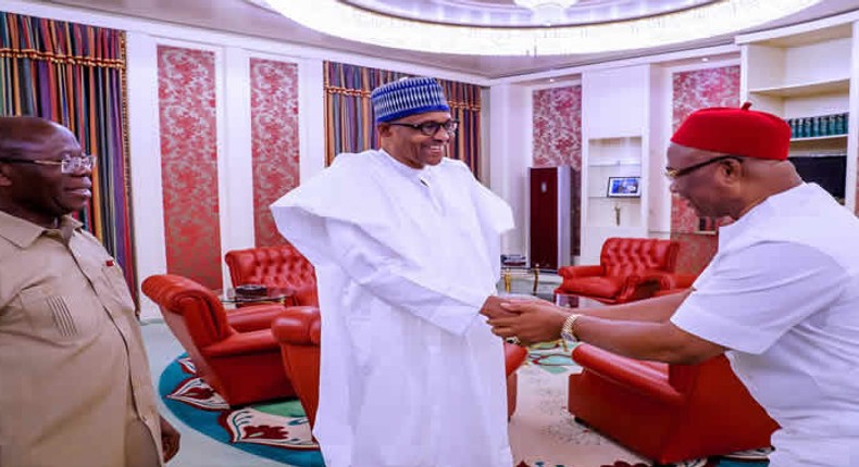 Imo State Governor, Hope Uzodinma  accompanied by the National Chairman of the All Progressives Congress (APC) meets President Muhammadu Buhari in Abuja. (NAN)