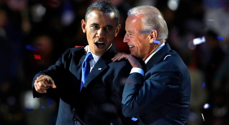 US President Barack Obama with Vice President Joe Biden after his election-night victory speech in Chicago on November 6, 2012.