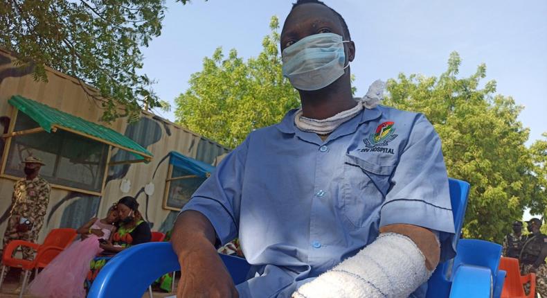 One of the soldiers who was wounded during an encounter with the Boko Haram terrorists. [NAN]
