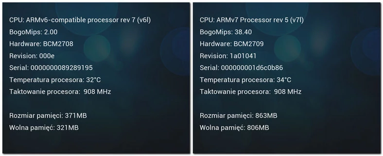 Zrzuty ekranów z parametrami systemu i pomiarem wydajności procesora w RaspBMC. Po lewej Raspberry Pi B, po prawej - 2B