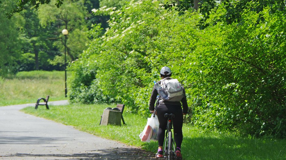 Jazda na rowerze przez park 