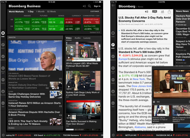 Największy na świecie internetowy serwis poświęcony biznesowi i finansom przeszedł ostatnio technologiczną i wizualną rewolucję. Jednym z jej elementów jest zupełnie nowa aplikacja mobilna. Bloomberg Business, to najświeższe informacje z ponad 45 branż takich jak finanse, biznes, polityka, surowce, energetyka, technologie czy też finanse osobiste. Aplikacja pozwala na pełną personalizację otrzymywanych wiadomości oraz danych rynkowych dla globalnych indeksów akcji, obligacji, kontraktów terminowych, towarów i walut.