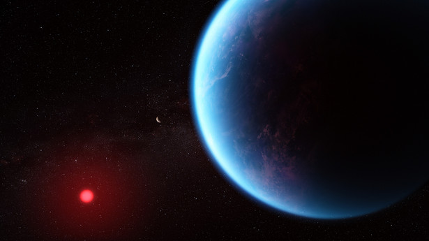 Koncepcja artysty pokazuje, jak może wyglądać egzoplaneta K2-18 b / Źródło: Ilustracja: NASA, CSA, ESA, J. Olmsted (STScI), Nauka: N. Madhusudhan (Cambridge University)