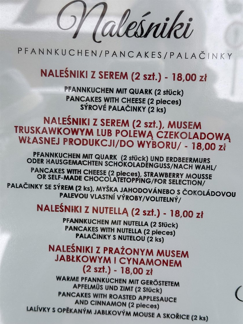 18 zł za dwa naleśniki. Słona cena słodkiej przekąski. 