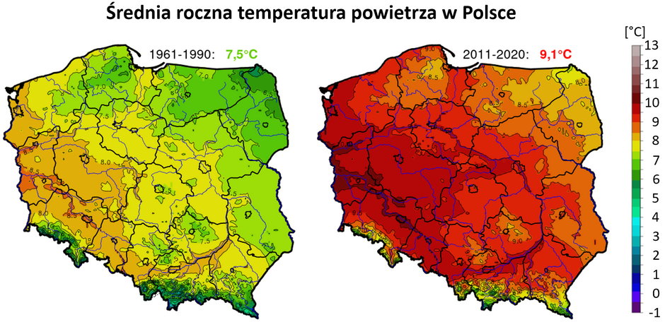 Po lewej: średnia temperatura roczna w okresie 1961-1990, po prawej w latach 2011-2020.