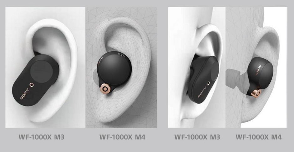 Porównanie kształtu i ułożenia w uchu słuchawek WF-1000XM3 oraz nowych WF-1000XM4