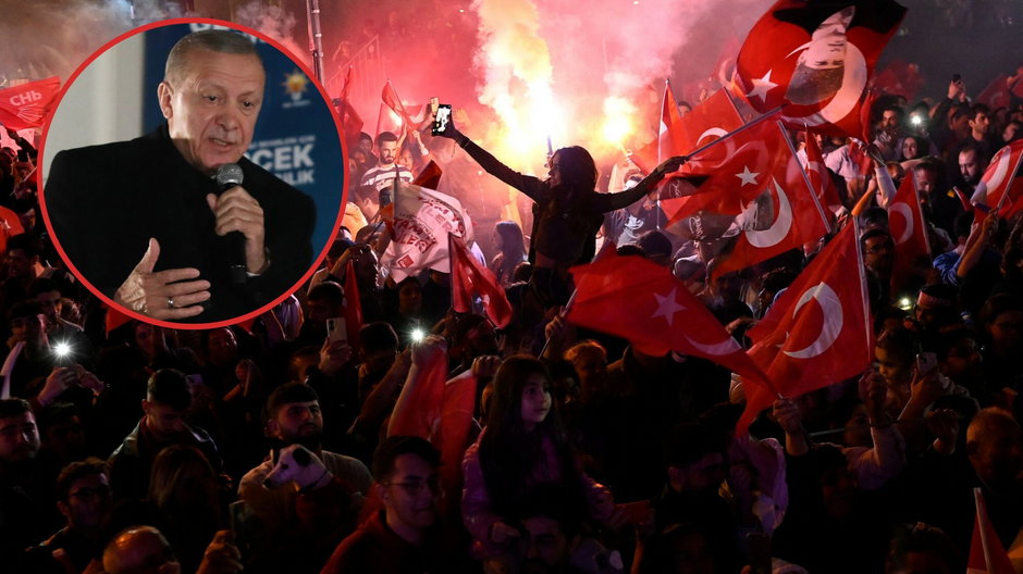 Prezydent Turcji Recep Tayyip Erdogan przemawia po przegranych wyborach samorządowych, ze zwycięstwa w Stambule cieszą się zwolennicy tureckiej Republikańskiej Partii Ludowej, 31 marca 2024 r.