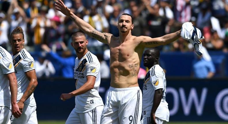 Sweden's Zlatan Ibrahimovic, shown celebrating a second-half goal last March in his Los Angeles Galaxy debut, in which he scored the 2018 MLS Goal of the Year awarded Tuesday