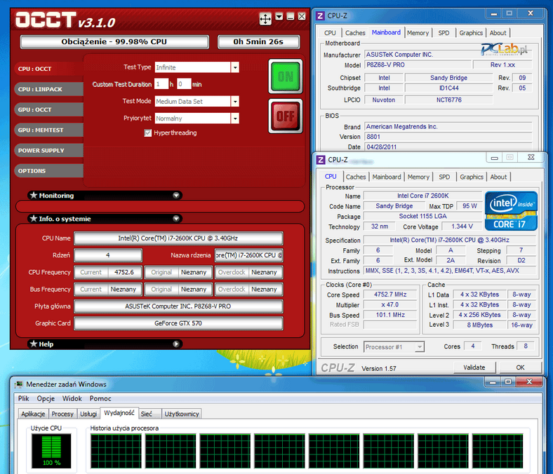 CPU działający z zegarem 4750 MHz na płycie Asus P8Z68-V PRO. (Kliknij, żeby powiększyć)