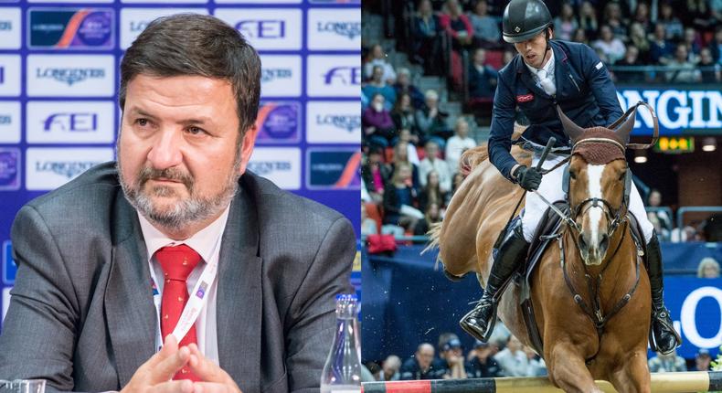 Left: Santiago Varela at the FEI Nations Cup Final in 2016. Right: A rider jumping the course Varela designed.
