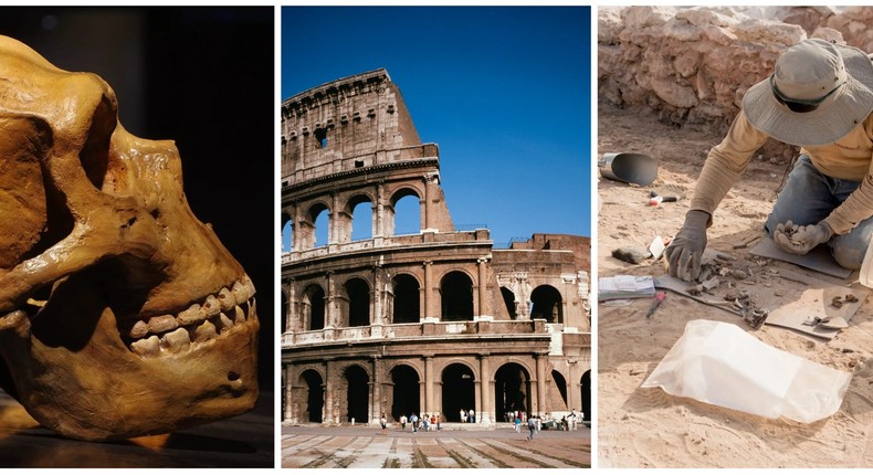 From left: A skull, the Roman Colosseum, and an archaeologist excavating for vilca seeds at the Quilcapampa site in PeruFrom left: Halamka/Getty Images, Getty Images./Lisa Milosavljevic/Royal Ontario Museum