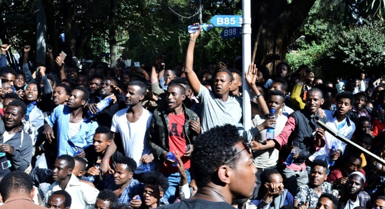 The unrest was triggered when media mogul Jawar Mohammed, an Oromo activist, claimed that security forces had plotted an attack against him. Shown here are supporters at a rally outside his home