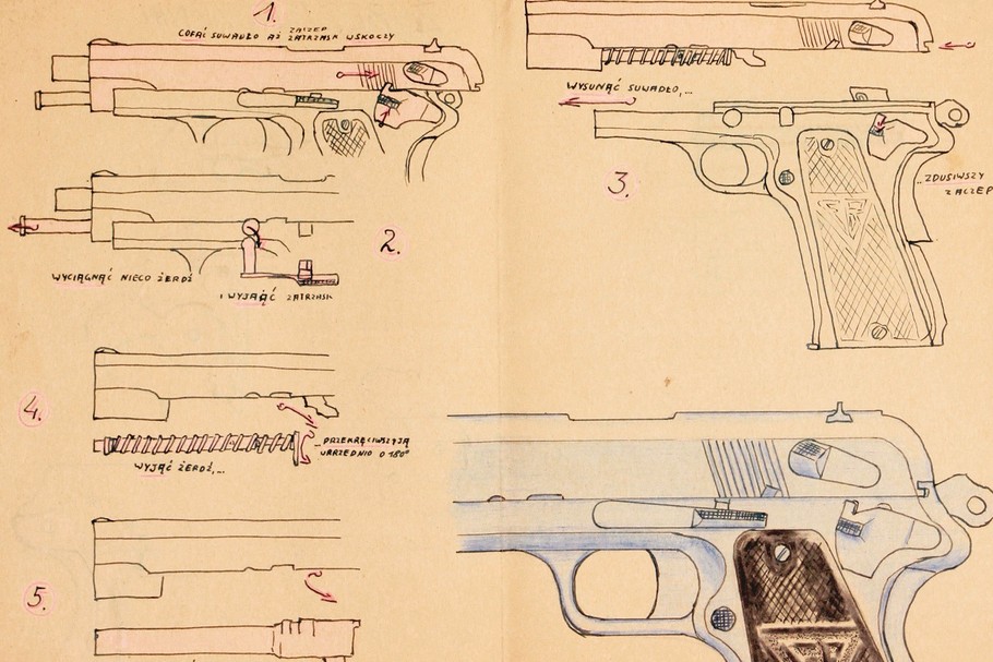 Vis wz.35 To legenda. Ten pistolet miała zawodowa kadra Wojska Polskiego. W piosence „Pałacyk Michla” uwiecznili go powstańcy warszawscy. Na rysunku instrukcja autorstwa Jerzego Janeckiego z 1944 r. dla żołnierzy NSZ.