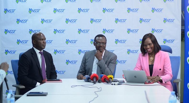 Gerald Kasaato, NSSF Ag. deputy managing director, Patrick Ayota, NSSF managing director and Barbra Arimi, NSSF head of marketing and corporate affairs at the press conference where the Fund unveiled its Vision 2035