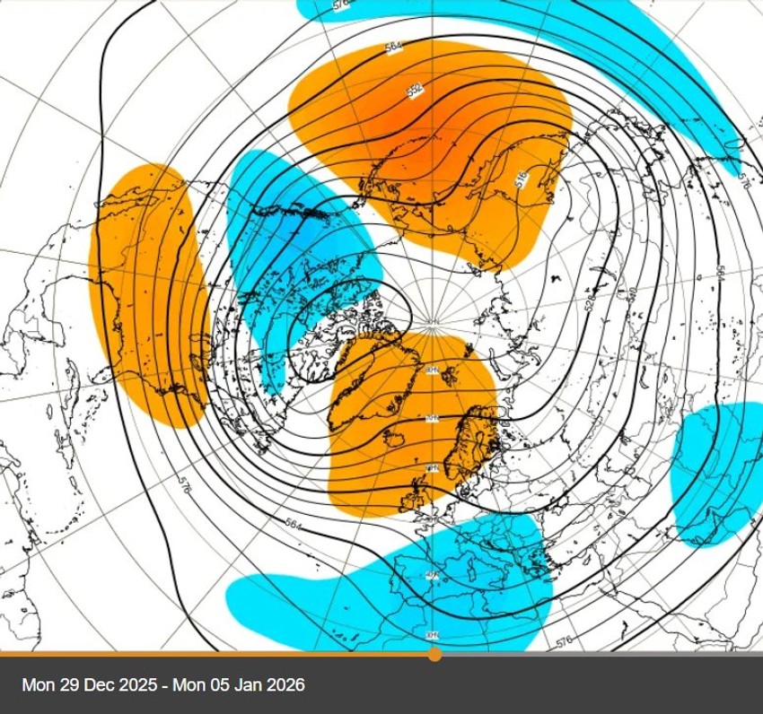 Kretanje polarnog vrtloga od 29. decembra do 5. januara