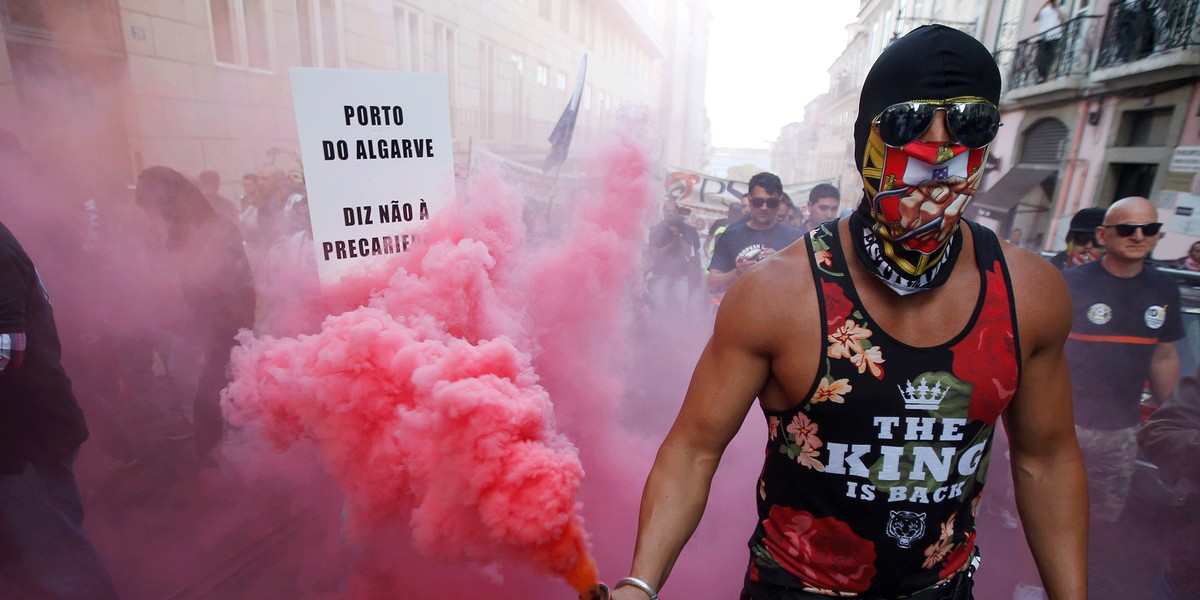 Dockers at a protest against what they say is a lack of job stability in Lisbon, Portugal.