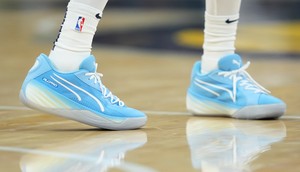 Indiana Pacers' Tyrese Haliburton's shoes are seen during the second half of an NBA basketball game against the Philadelphia 76ers on Oct. 27 in Indianapolis.