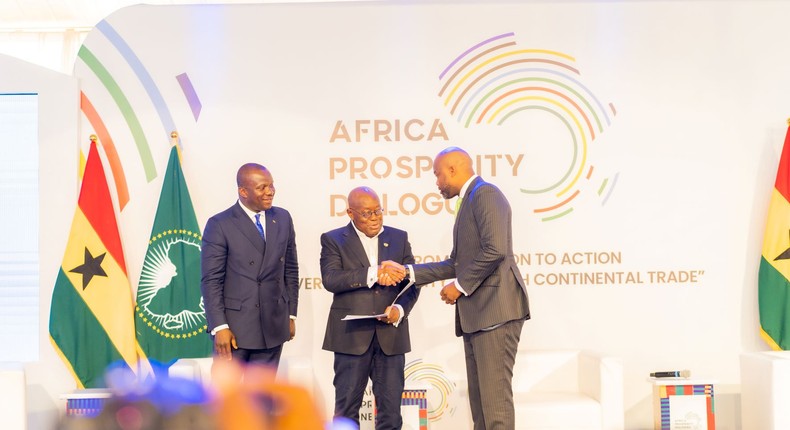 [L-R]: Samuel Abu Jinapor, Care Taker Minister for Trade and Industry, and Minister of Lands and Resources; H.E. President Nana Akufo-Addo, President of Ghana; and H.E. Wamkele Mene, Secretary-General of the AfCFTA Secretariat