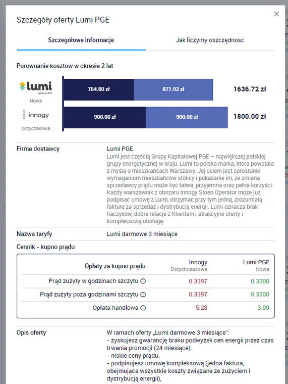 Szczegóły przykładowej oferty są porównywane z usługą, z której aktualnie korzystamy