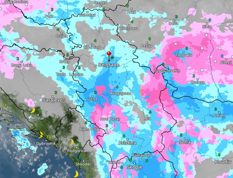 Kretanje kiše i snega sutra u 19 časova 