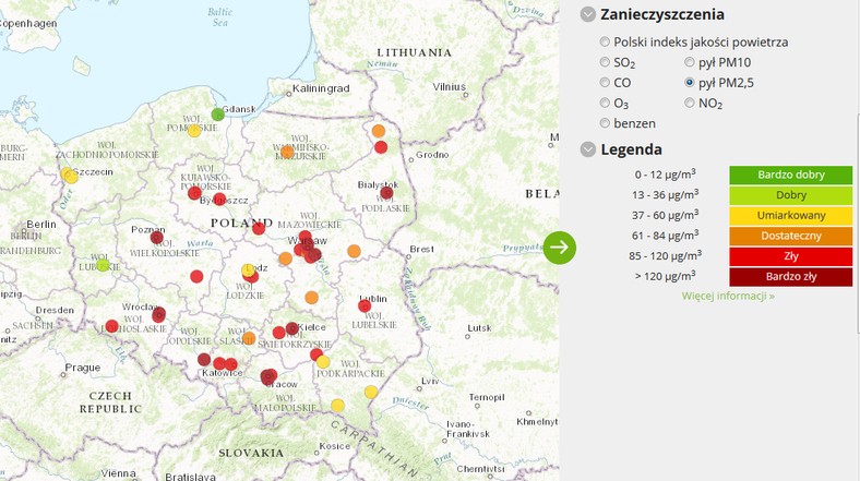 Stężenie pyłu PM2,5 - stan 2017-02-17 od godziny 05:00 do 06:00