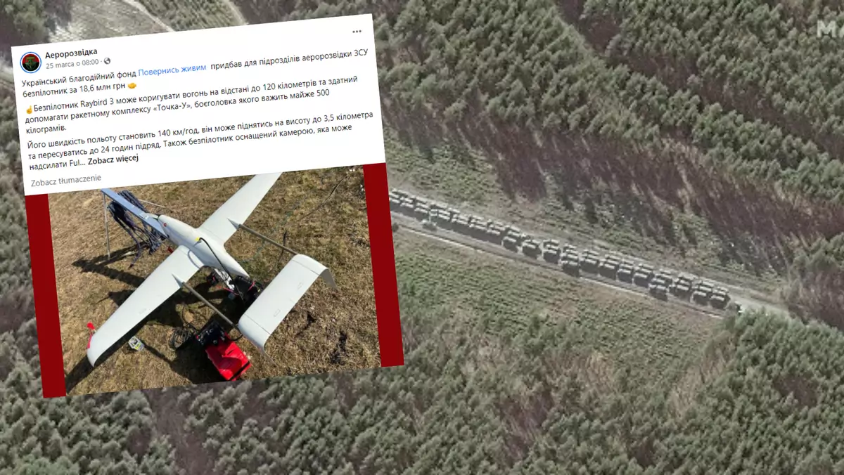 Niewielkie drony są w stanie precyzyjnie atakować siły wroga. Na zdjęciu — kolumna wojsk rosyjskich w pobliżu Iwankowa (Fot. Facebook/Aerorozvidka)