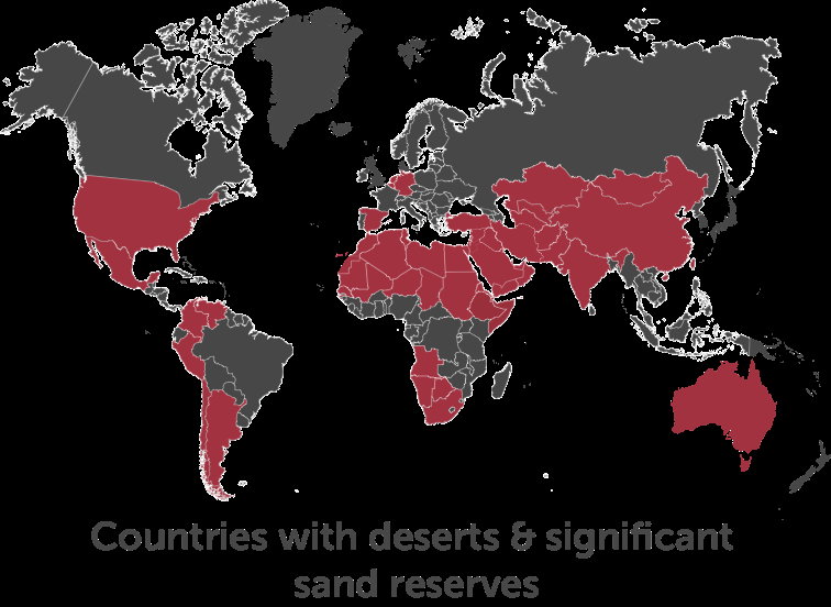 Mapa świata z zaznaczonymi na czerwono państwami, które dysponują znacznymi zasobami piasku, źródło: maanaelectric.com