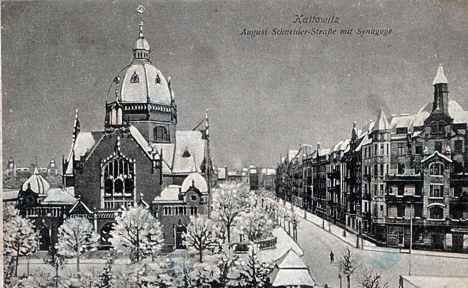 Synagoga Wielka w Katowicach na pocztówce z początku XX w.