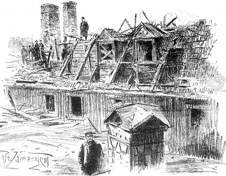 Spalony dom Skublińskiej na rynku opublikowanym przez pismo „Wędrowiec”