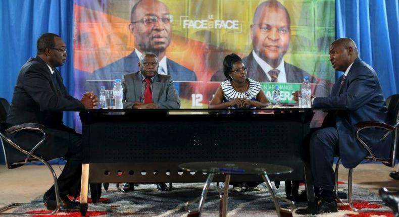 Presidential candidates Faustin-Archange Touadera (right) and Anicet-Georges Dologuele (left) face each other during a live television debate ahead of Sunday's second round election, in Bangui, Central African Republic, February 12, 2016. REUTERS/Siegfried Modola