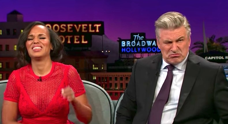 Scandal star Kerry Washington and actor Alec Baldwin on The Late Late Show with James Corden.