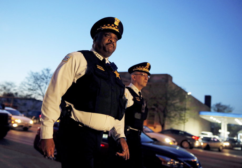 Chicago Police Superintendent Eddie Johnson (L) and First Deputy Superintendent John Escalante arrive to speak to the media about patrolling a neighborhood while wearing body cameras in Chicago, Illinois, U.S. May 6, 2016.