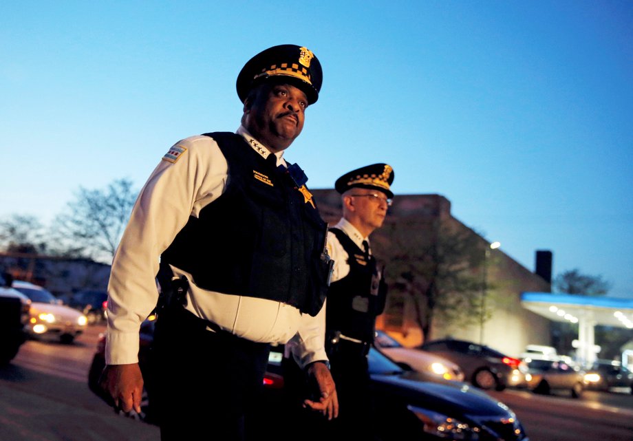 Chicago Police Superintendent Eddie Johnson (L) and First Deputy Superintendent John Escalante arrive to speak to the media about patrolling a neighborhood while wearing body cameras in Chicago, Illinois, U.S. May 6, 2016.