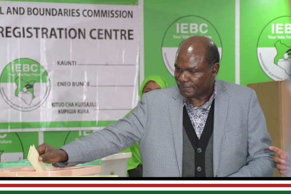 IEBC Chairman Wafula Chebukati demonstrates voting process at the Bomas of Kenya National Tallying Centre ahead of the elections on August 8, 2022