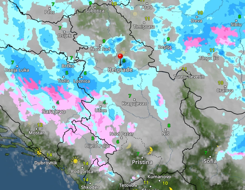 Kretanje padavina u 19 časova 